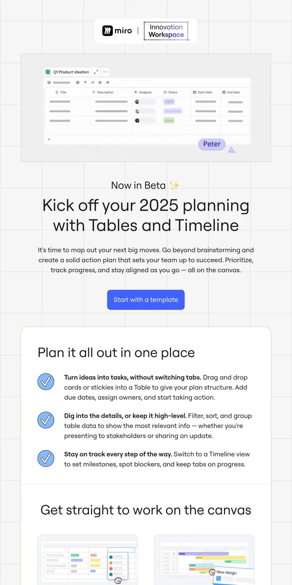 Email from Miro. Get set for 2025 with Tables and Timeline 🚀