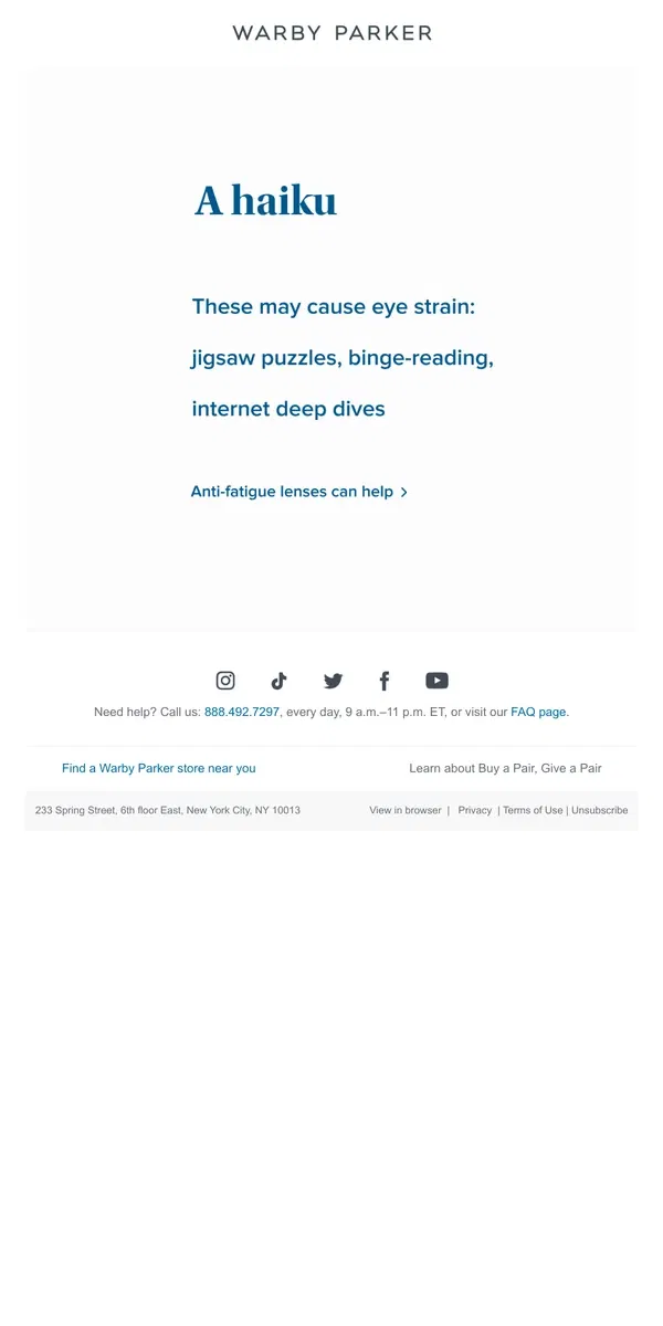 Email from Warby Parker. Problem, meet solution