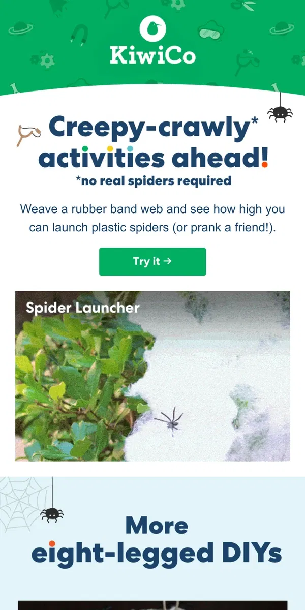 Email from KiwiCo. Warning! Spider-themed activities inside