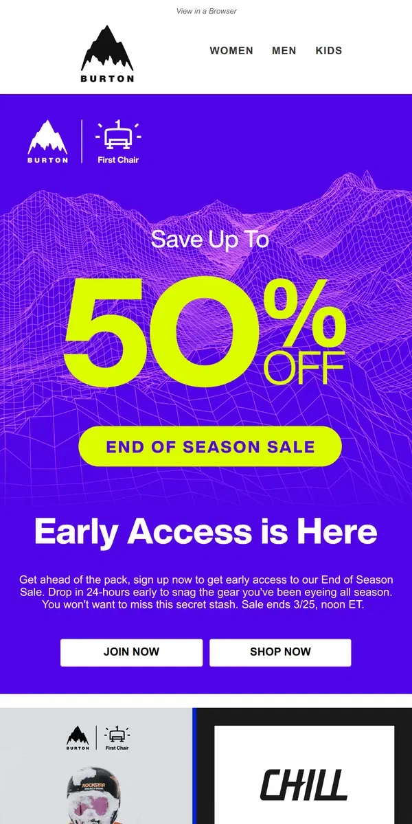 Email from Burton. End of Season Sale Early Access