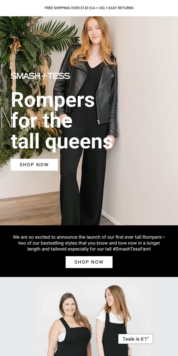 Email from Smash + Tess. NEW: Our First Ever TALL Rompers! 📏