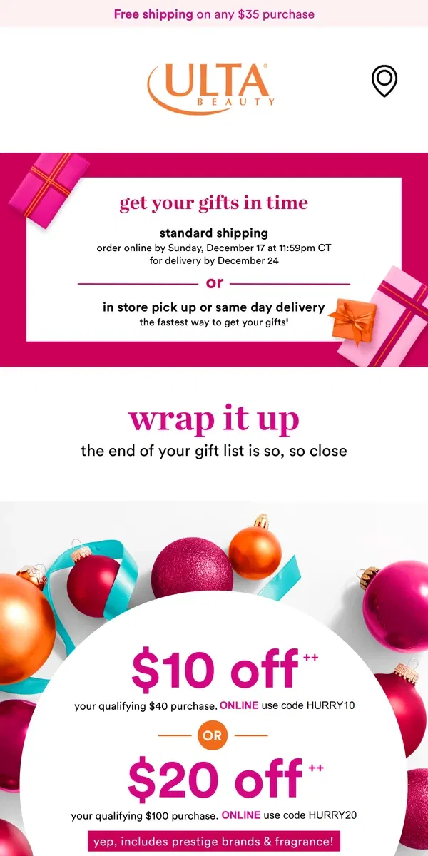 Email from Ulta Beauty. $10 OFF $40 or $20 off $100 🤩