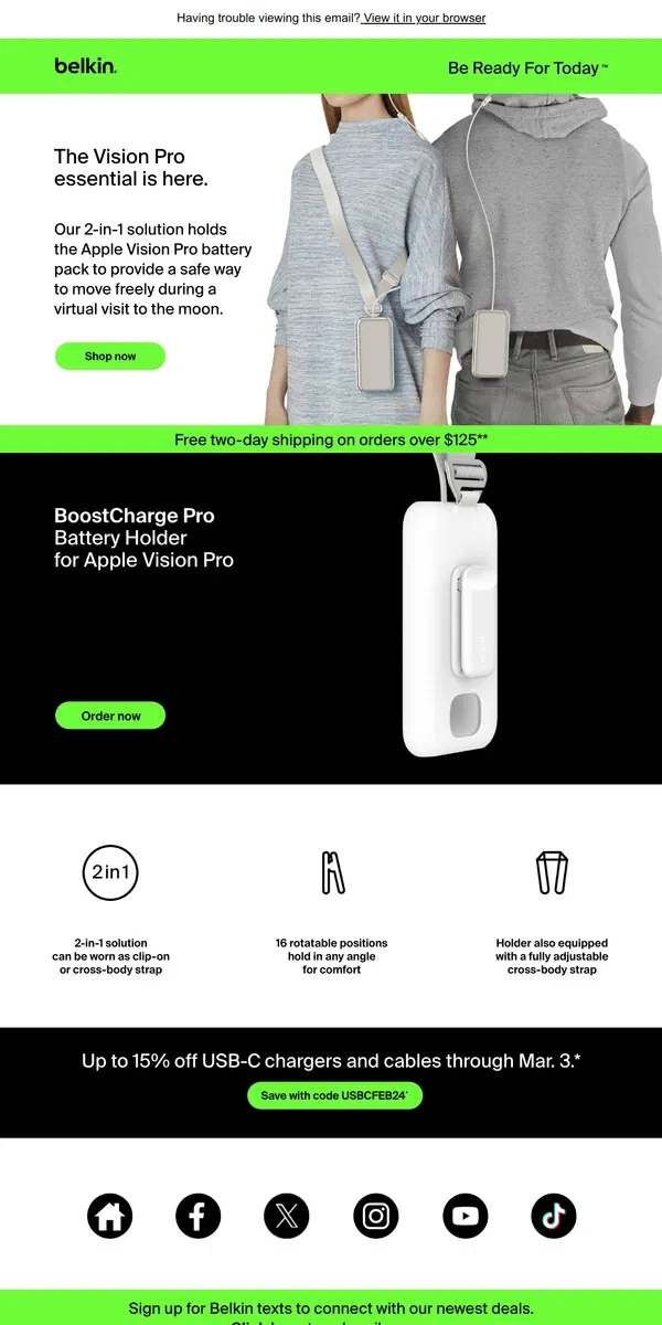 Email from Belkin. Order now | The Apple Vision Pro 2-in-1 Battery Holder is here