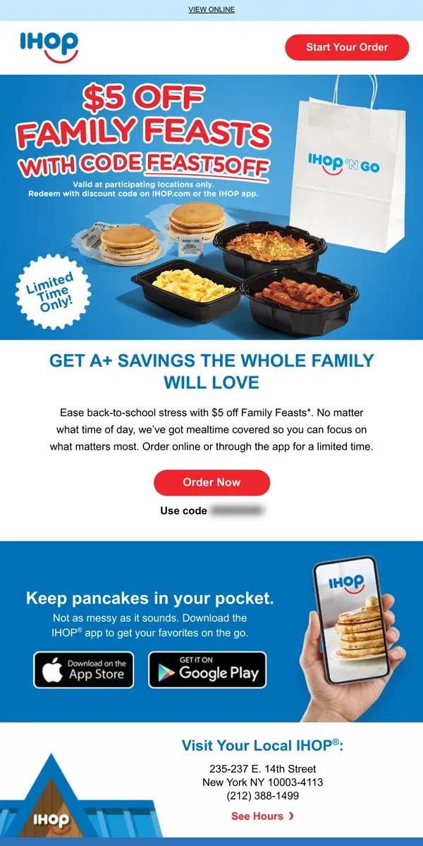 Email from IHOP. 🚨Hurry, $5 Family Feasts Ending Soon!