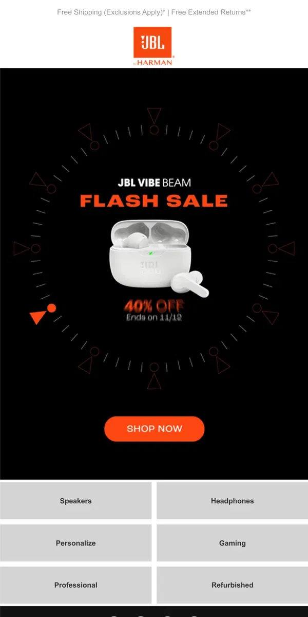 Email from JBL. Less than 24 hours Left! JBL Flash Sale Up to 50% off!