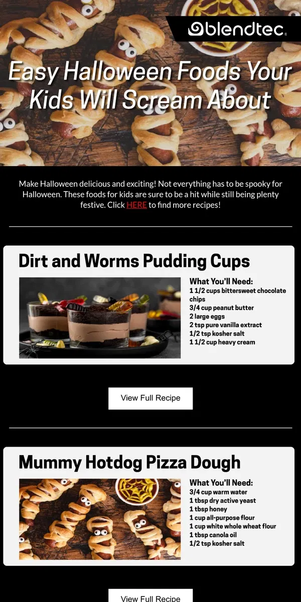 Email from Blendtec. Halloween Foods Your Kids Will Love!