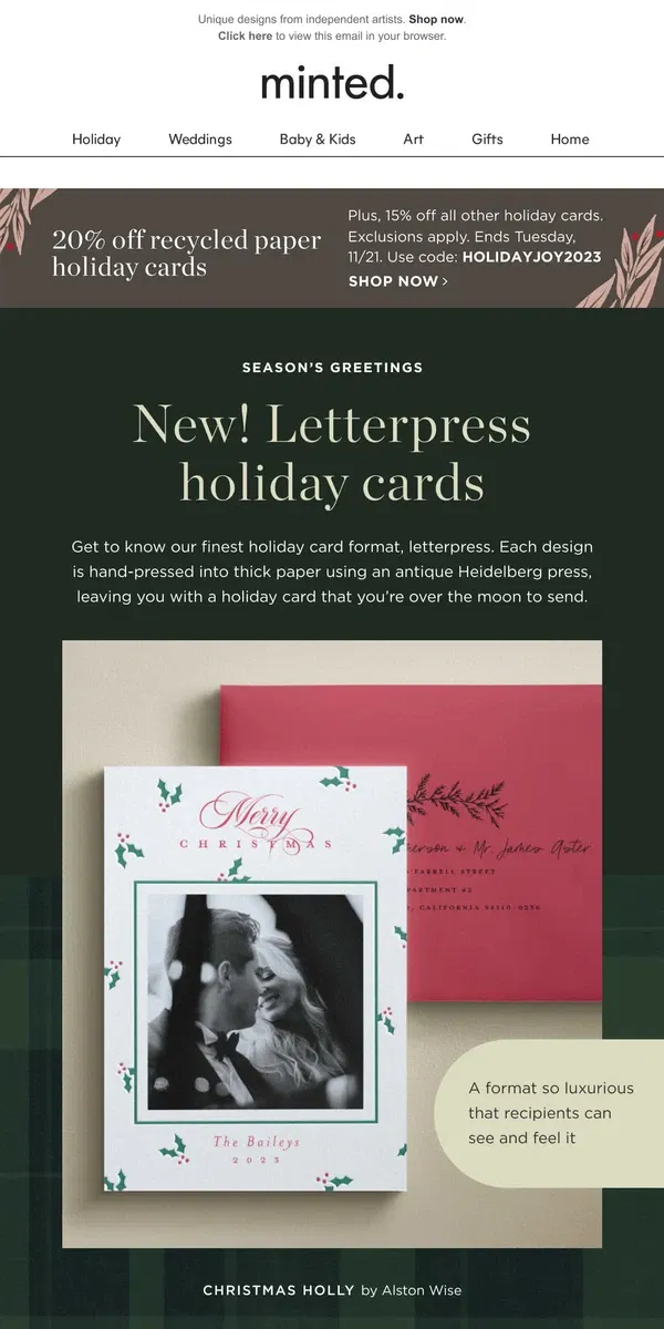 Email from Minted. New! Letterpress holiday cards