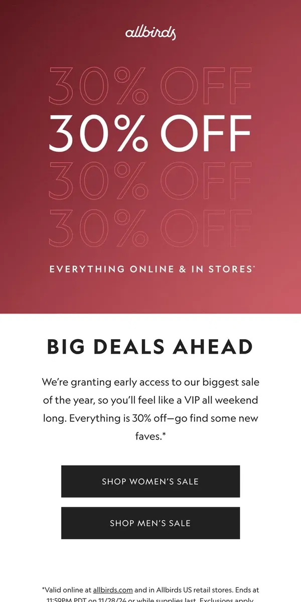 Email from Allbirds. Early Access BFCM: 30% Off Everything