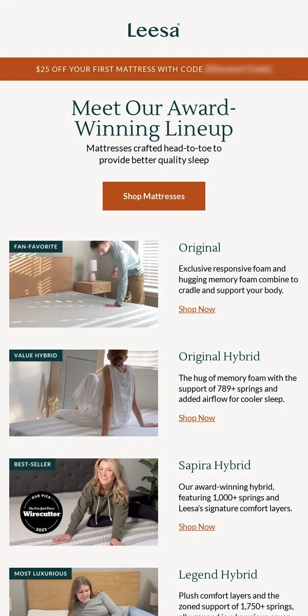 Email from Leesa. Meet Our Award-Winning Mattresses