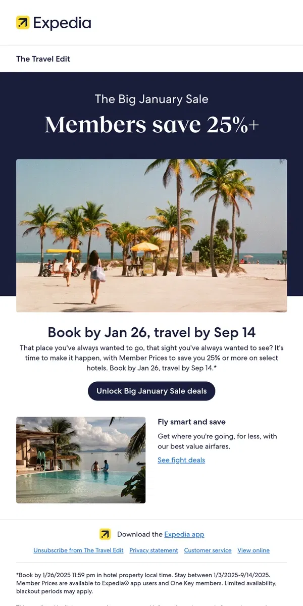 Email from Expedia. Sale continues: Save 25% or more, now