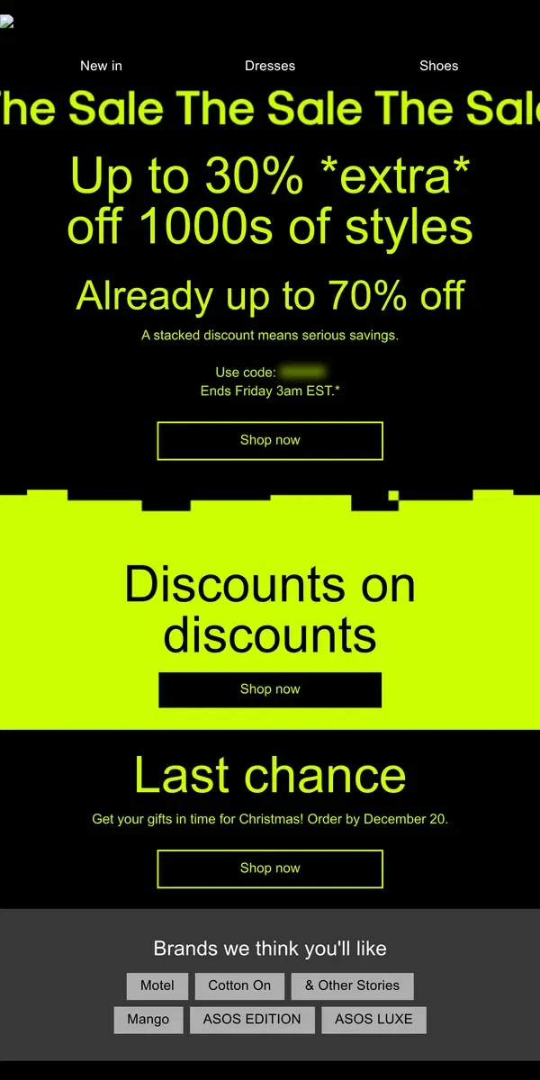 Email from ASOS. Up to 30% *extra* off 1000s of Sale styles