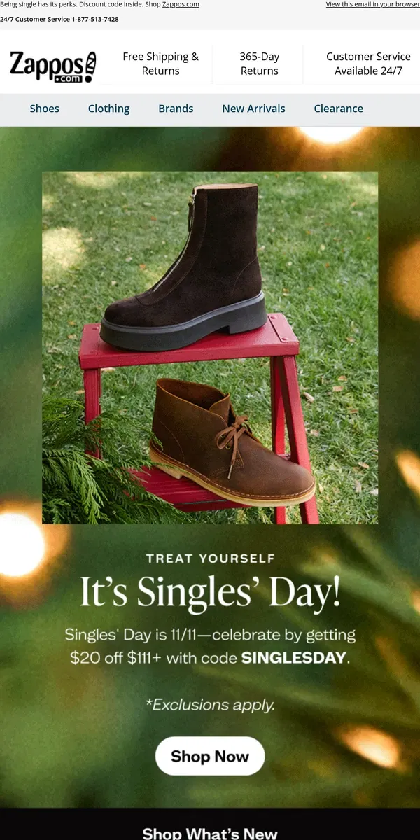 Email from Zappos. Happy Singles’ Day! Get $20 Off $111+* 🙋‍♀️💘