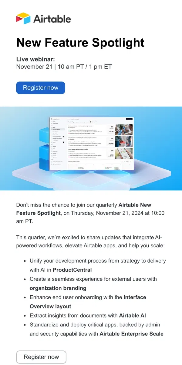 Email from Airtable. [Last chance] Register and see the latest and greatest in Airtable