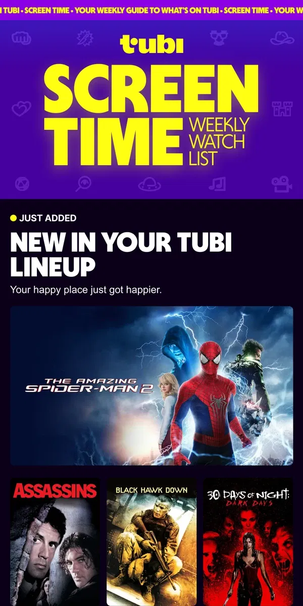 Email from Tubi. Your weekly SCREEN TIME is here