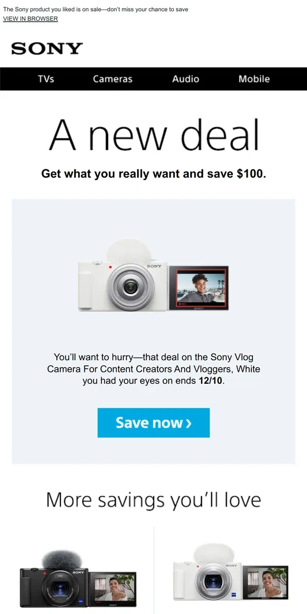 Email from Sony. New Deal Alert: an Item You Liked is Now $100 Off