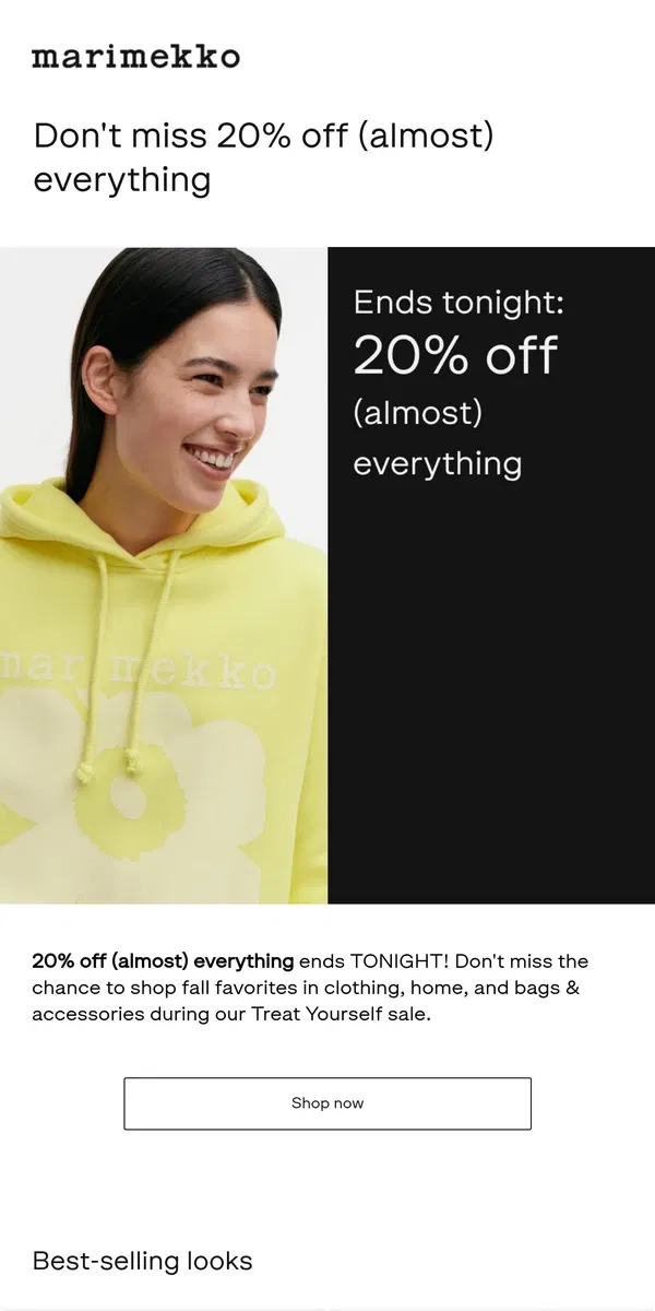 Email from Marimekko. ENDS TONIGHT: 20% off (almost) everything