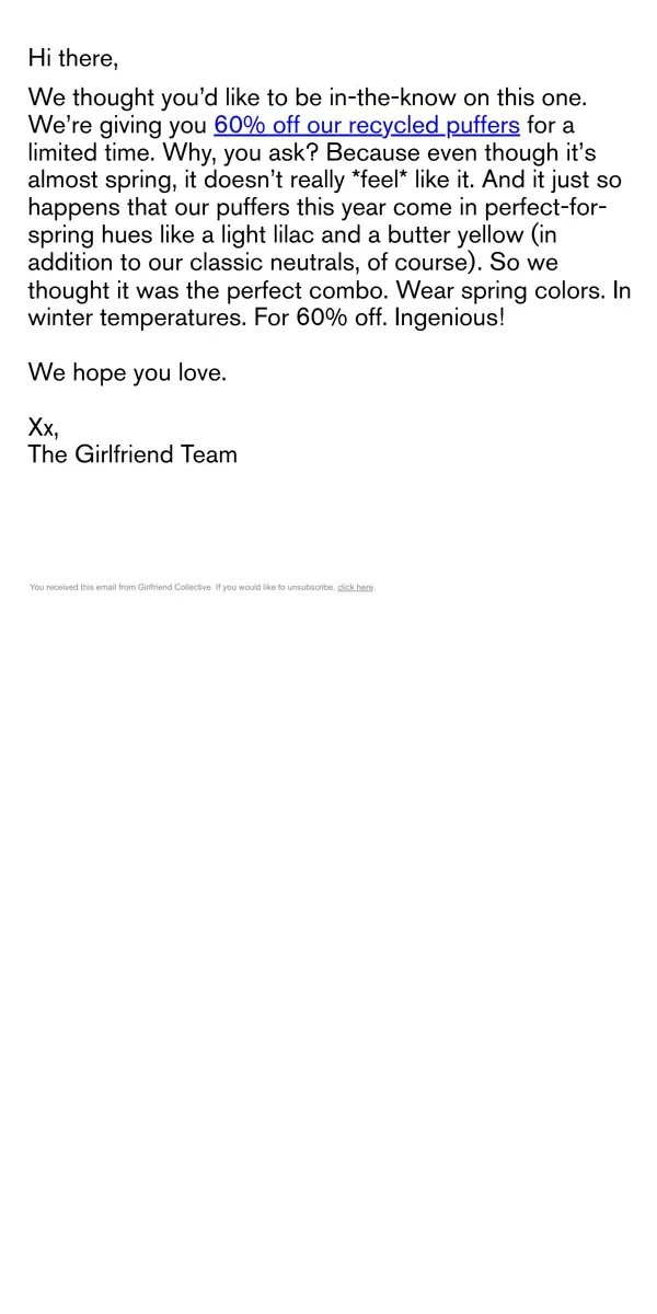 Email from Girlfriend Collective. Ooh, 60% Off Puffers