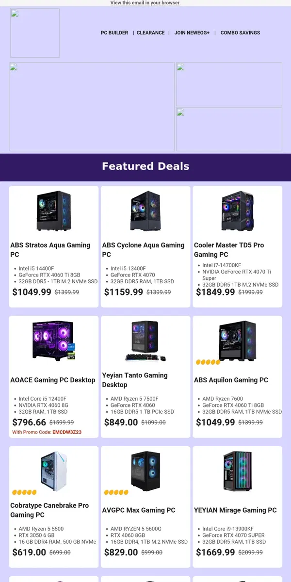 Email from Newegg. $1299.99 Get Acer Predator Orion 3000 Gaming Desktop PC !