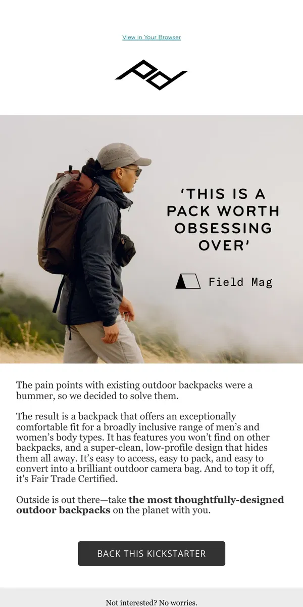 Email from Peak Design. Outside is Out There