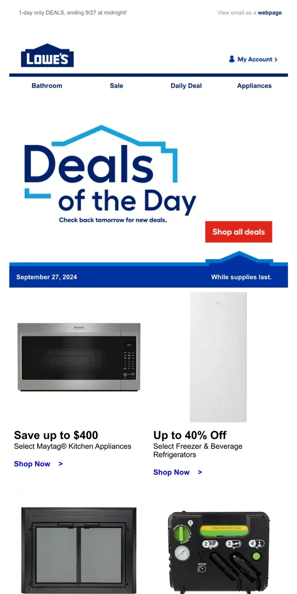 Email from Lowe's. LIMITED TIME deals, just for today.