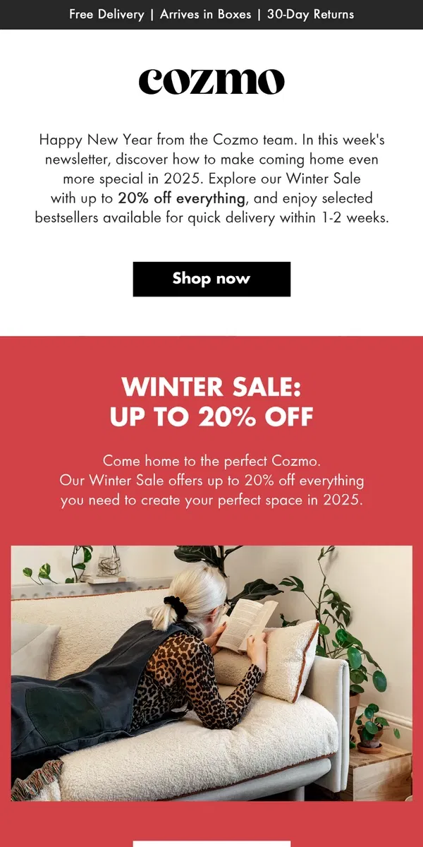 Email from Cozmo Home. Get Your Sofa in 1-2 weeks