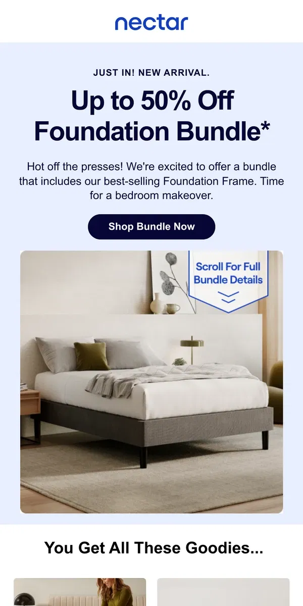 Email from Nectar. Bed + Base + Bedding = NEW Bundle & Save Combo 🛏️💤