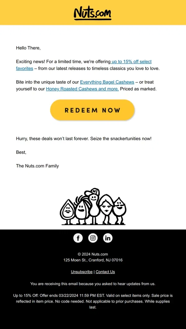 Email from Nuts.com. Exclusive: Up to 15% Off Your Snack Favorites! 🌟