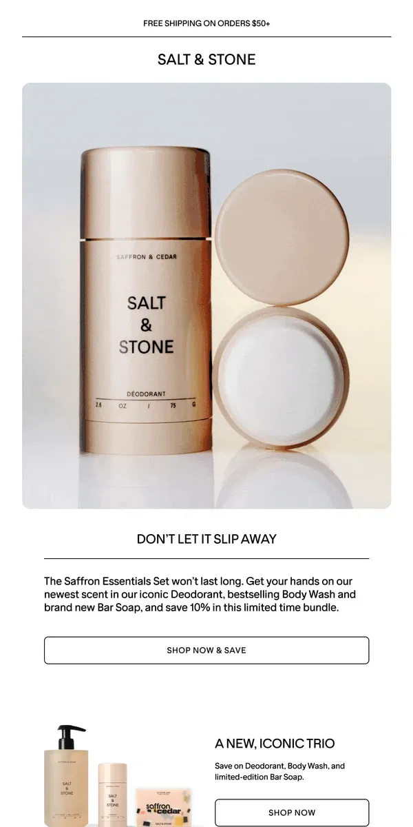 Email from SALT & STONE. Selling Fast: Saffron Essentials Set