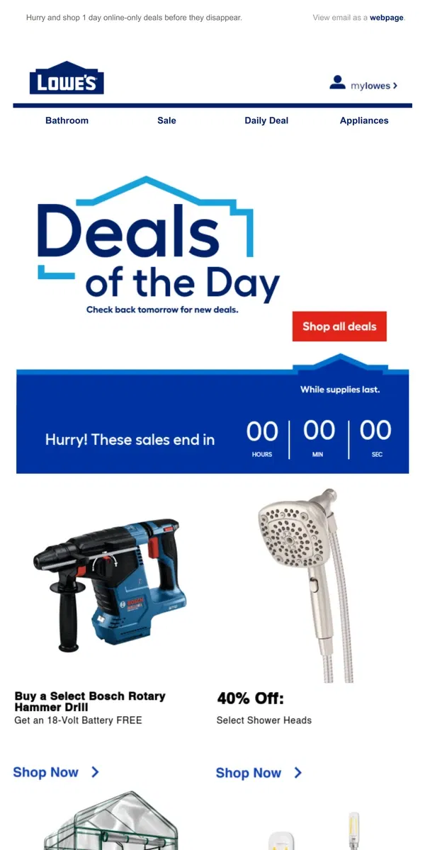 Email from Lowe's. LIMITED TIME deals, just for today.