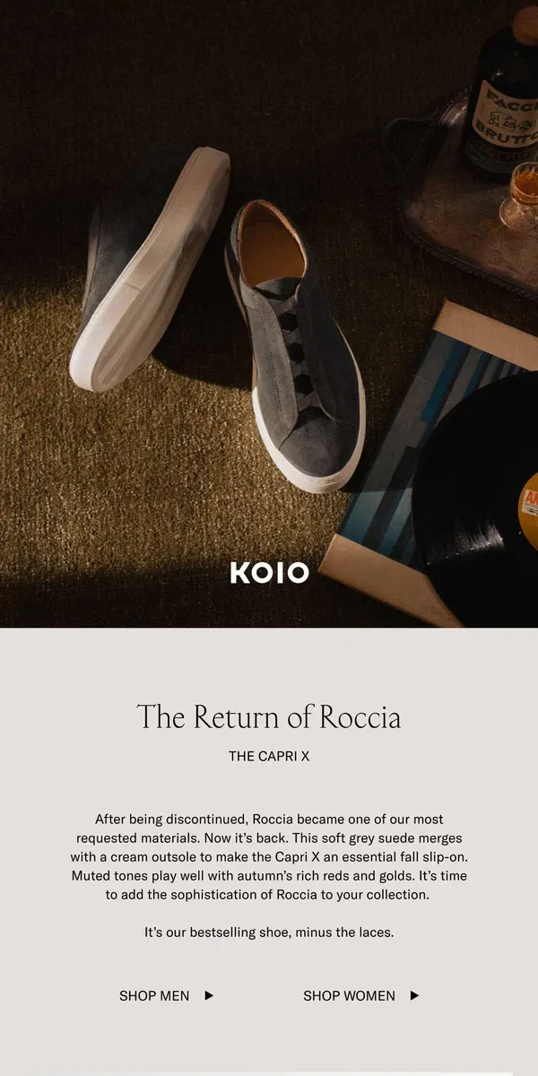 Email from Koio. The Capri X in Roccia