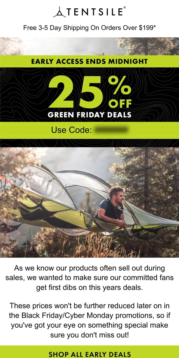 Email from Tentsile. LAST CHANCE | Early Access 🌲