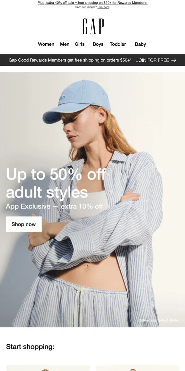 Email from GAP. We're sending you deals up to 50% off + app bonus 10%