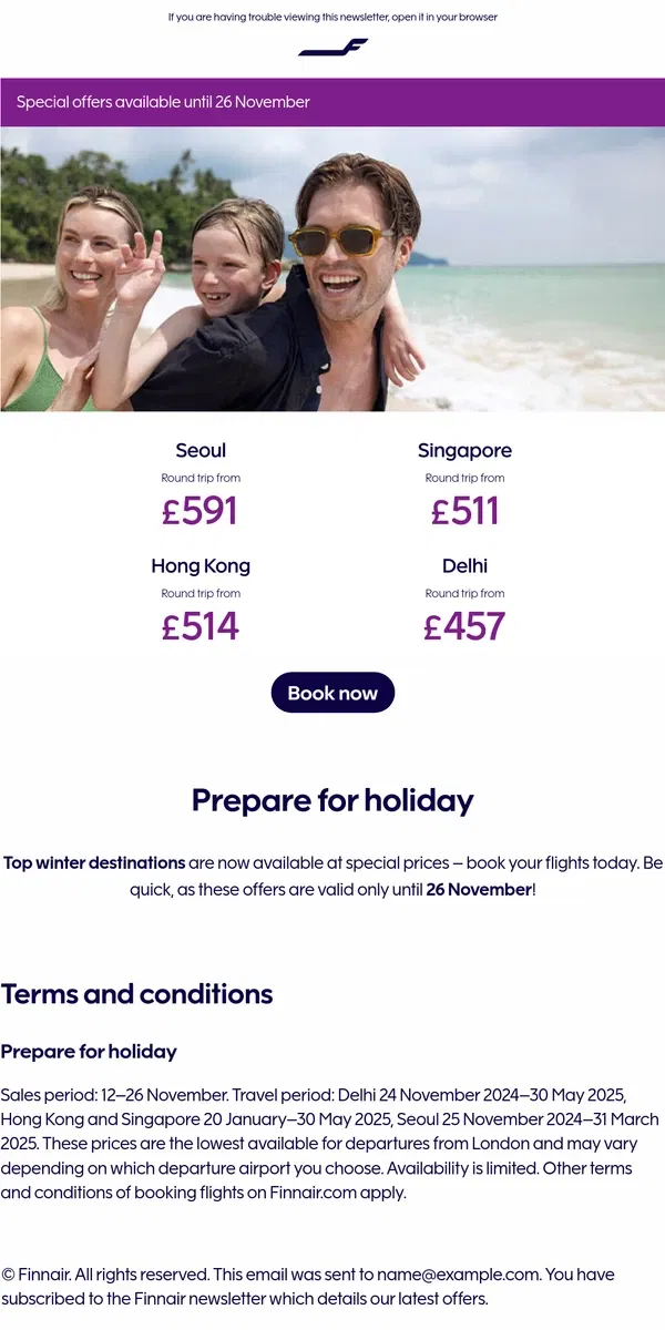 Email from Finnair. Special prices for top winter destinations