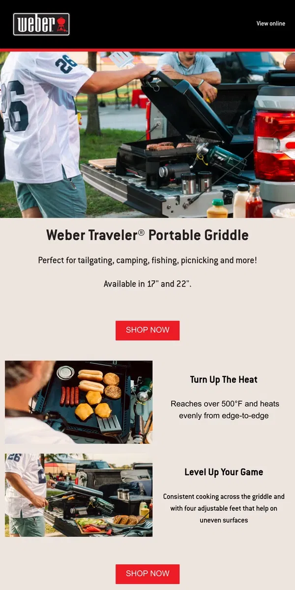 Email from Weber. Bring a Weber Traveler® Portable Grill to the Party