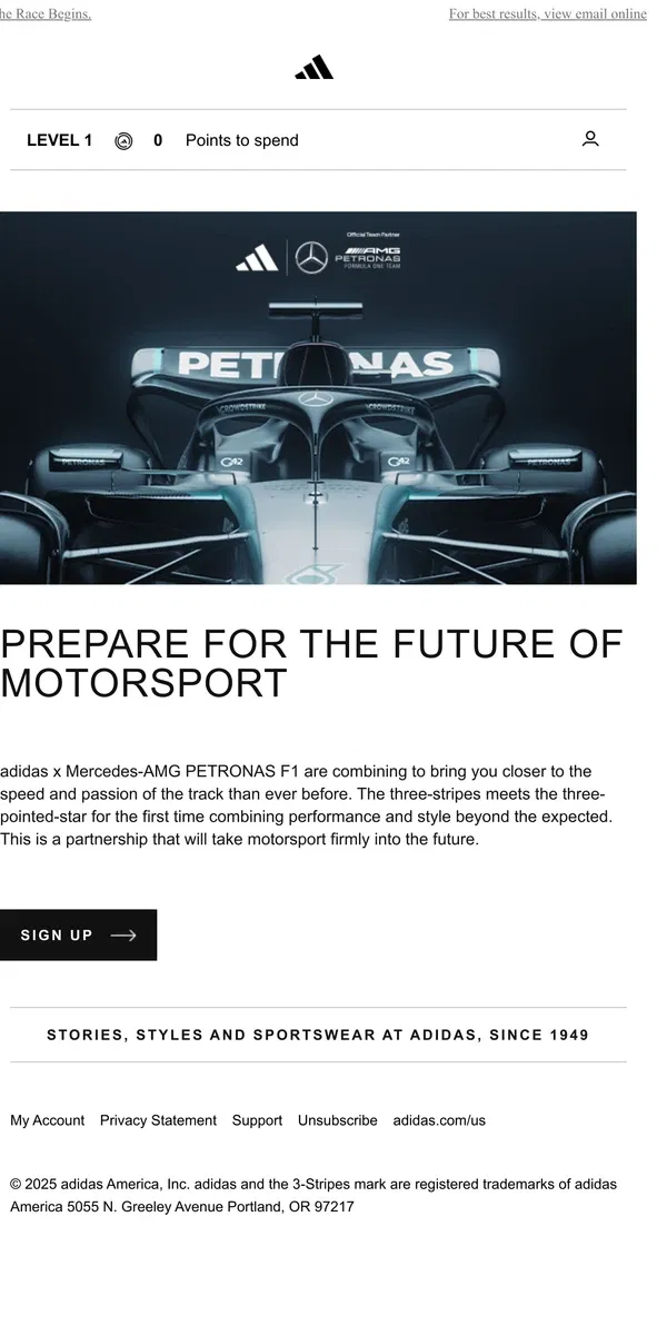 Email from Adidas. adidas x Mercedes-AMG PETRONAS F1 🏁