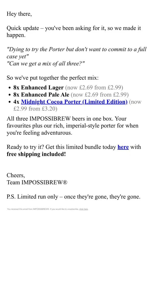 Email from IMPOSSIBREW. Our Most Requested Mix Pack Is Here