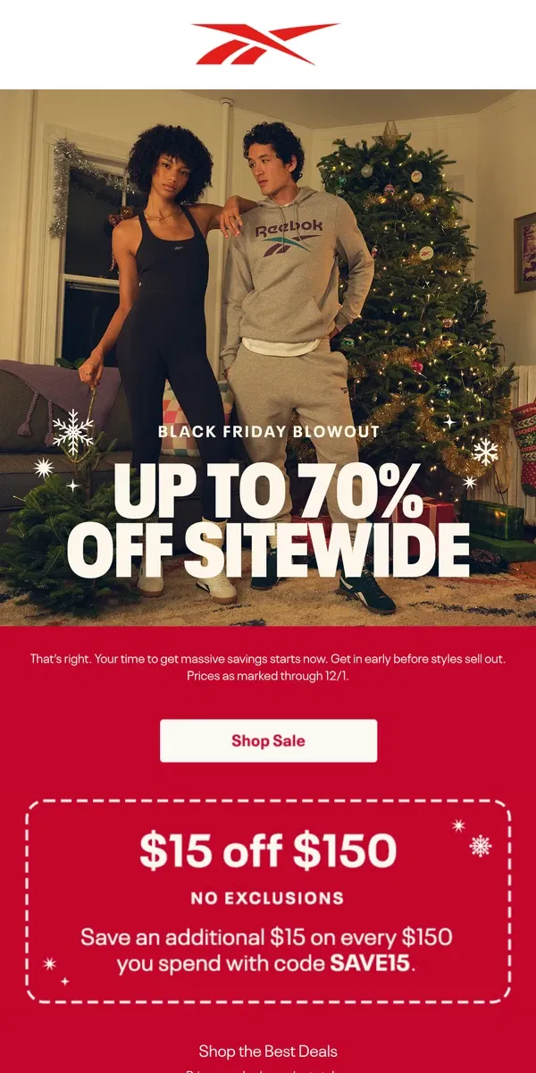 Email from Reebok. 70% off for Black Friday is HERE 📣📣📣