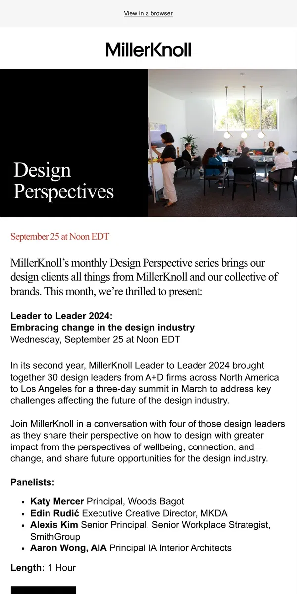 Email from Herman Miller. Reminder: Join Us on September 25 for MillerKnoll’s Design Perspectives Series on Embracing Change in the Design Industry