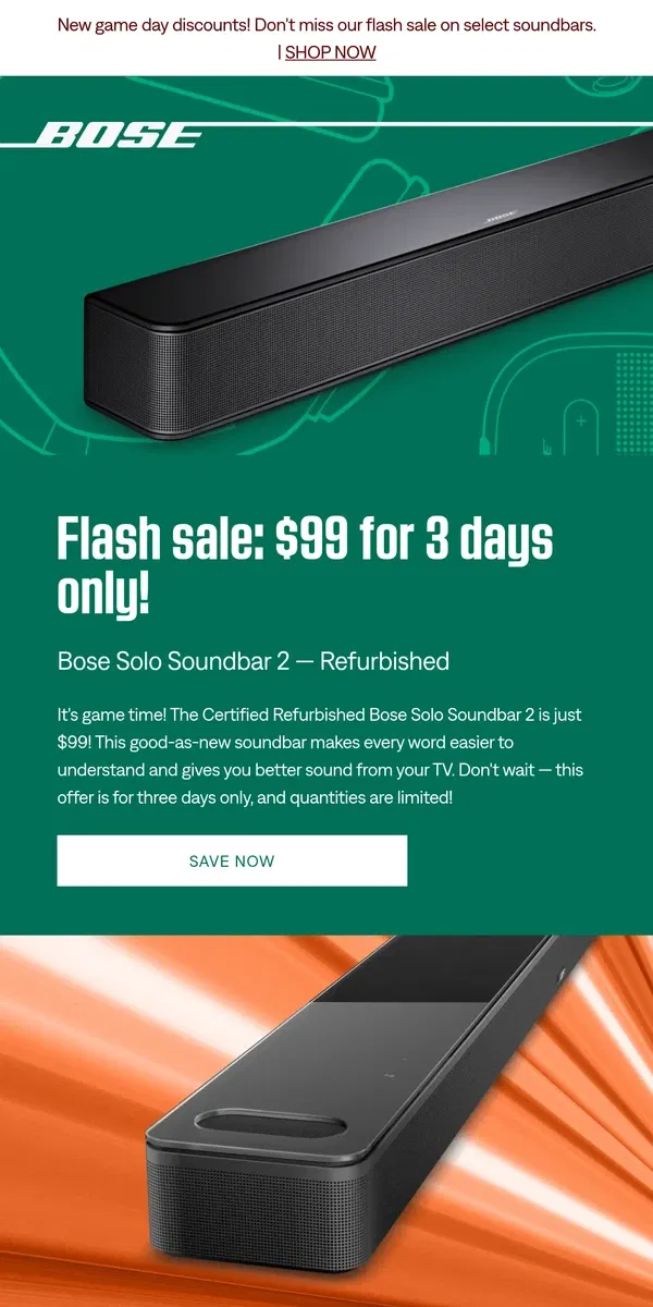 Email from Bose. 🏈 3-day flash sale: game day discounts on soundbars!