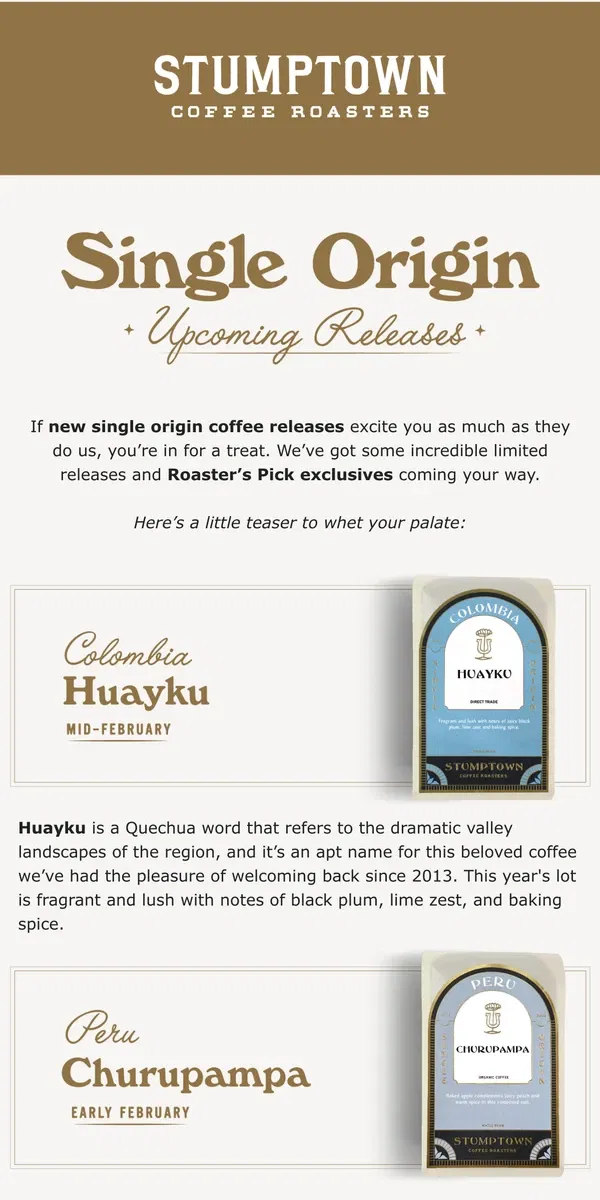 Email from Stumptown Coffee Roasters. Incoming—new coffees 🤤