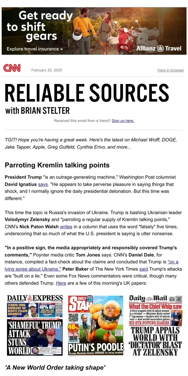 Email from CNN. Trump parrots Putin; new CNN polling; Wolff's next book; Fox's court jester