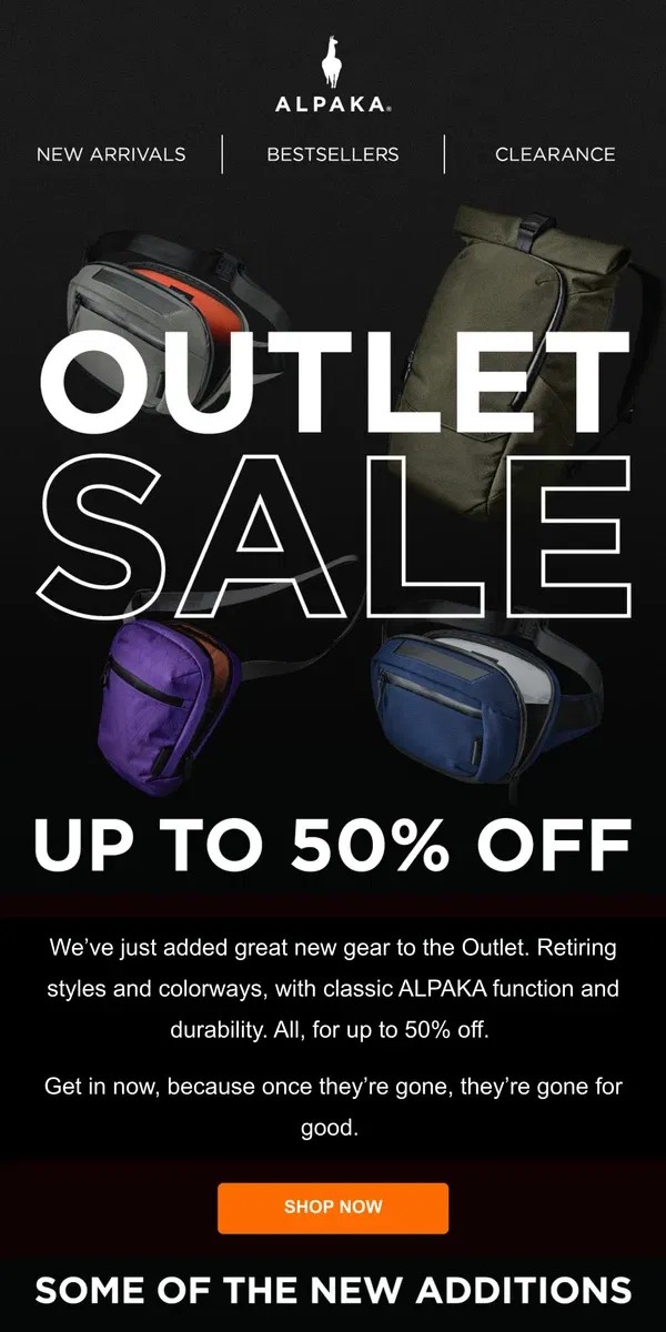 Email from ALPAKA. New OUTLET Gear, Up To 50% Off