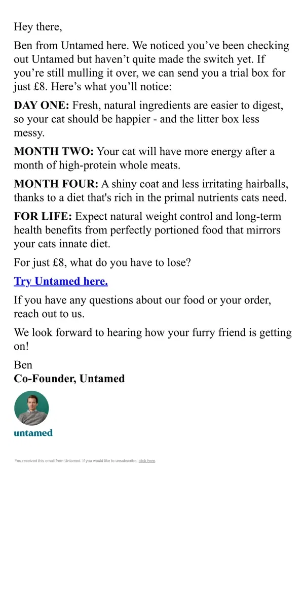 Email from Untamed Cat Food. Change your cat’s life for just £8