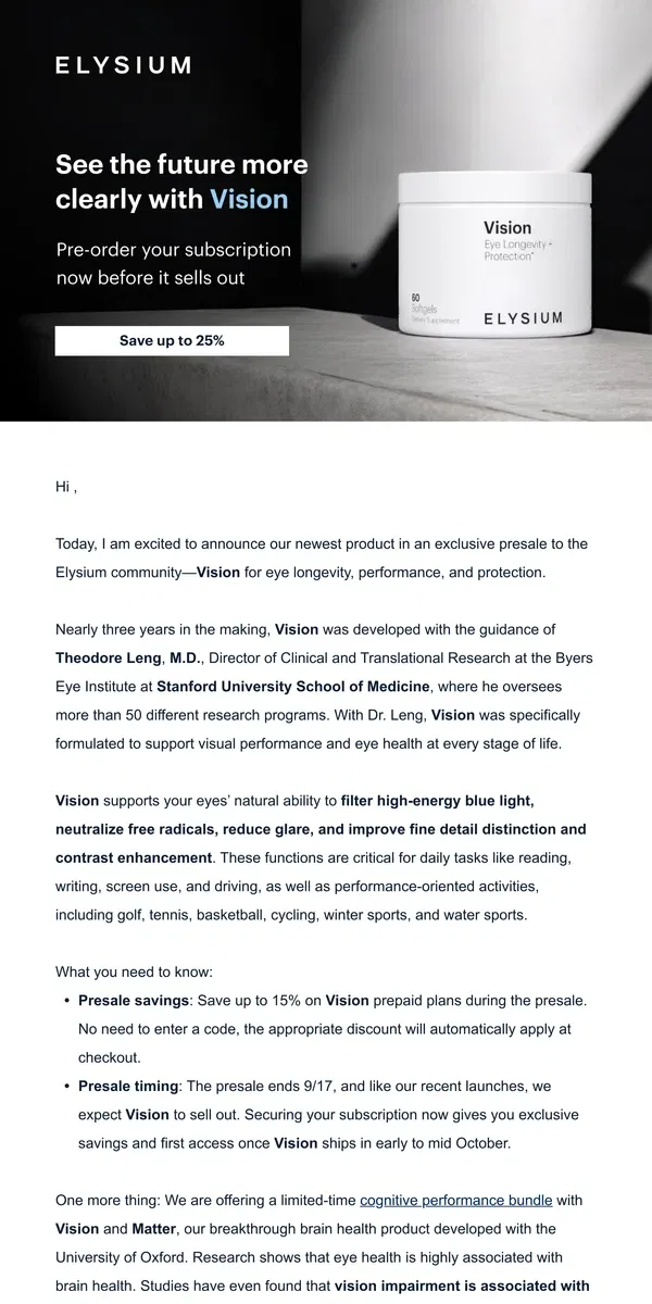 Email from Elysium Health. All eyes are on Vision—our new product! 👀