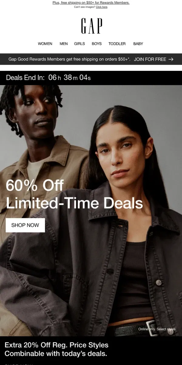 Email from GAP. 60% off deals + an extra bonus — last chance