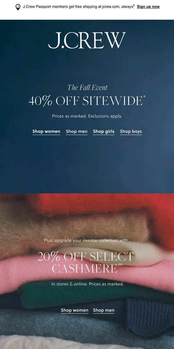 Email from J.Crew. This is big: 40% off sitewide