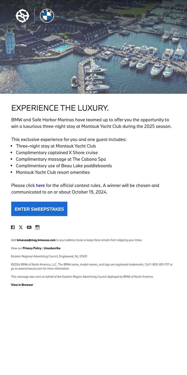 Email from BMW. Don't miss out: Exclusive Montauk Yacht Club Sweepstakes