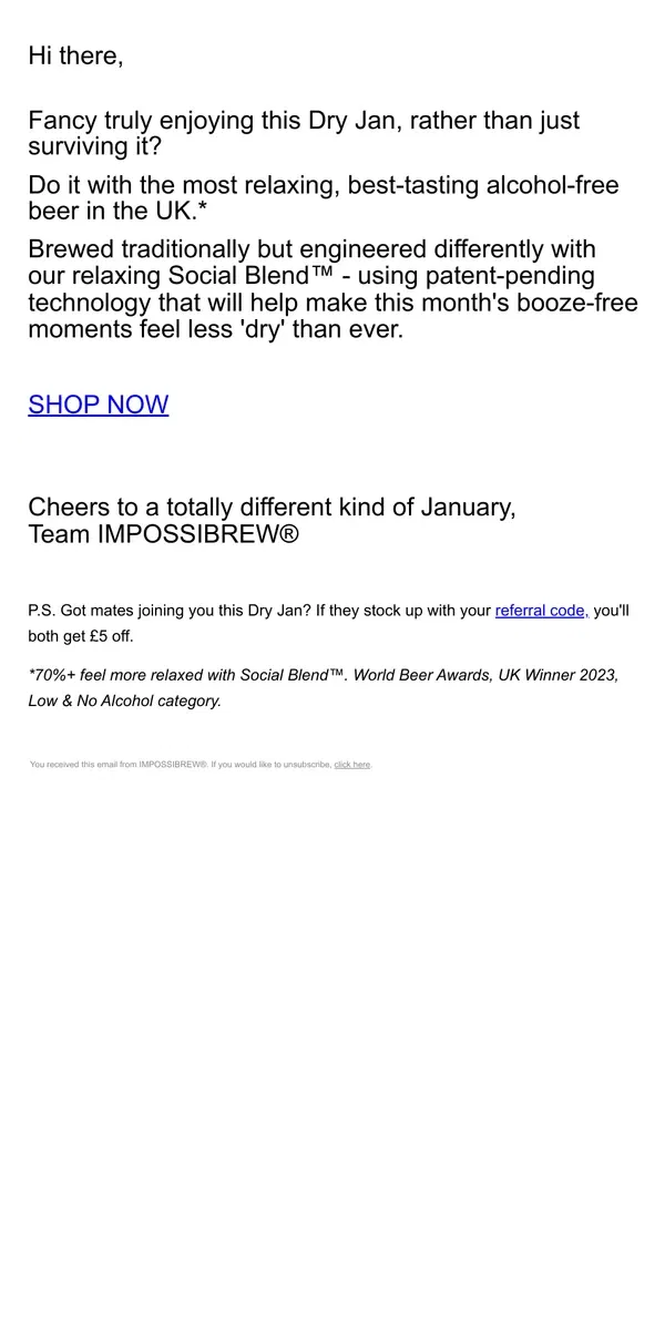 Email from IMPOSSIBREW. 🍻 Cheers to a different kind of Dry Jan