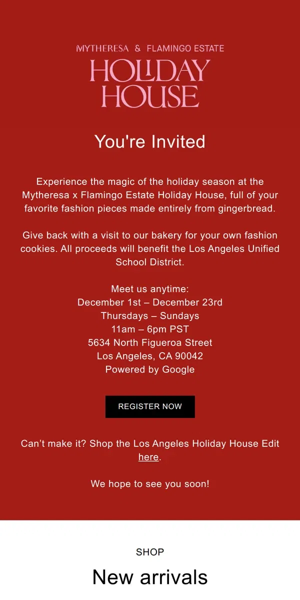 Email from Mytheresa. Celebrating the holidays in LA? So are we 