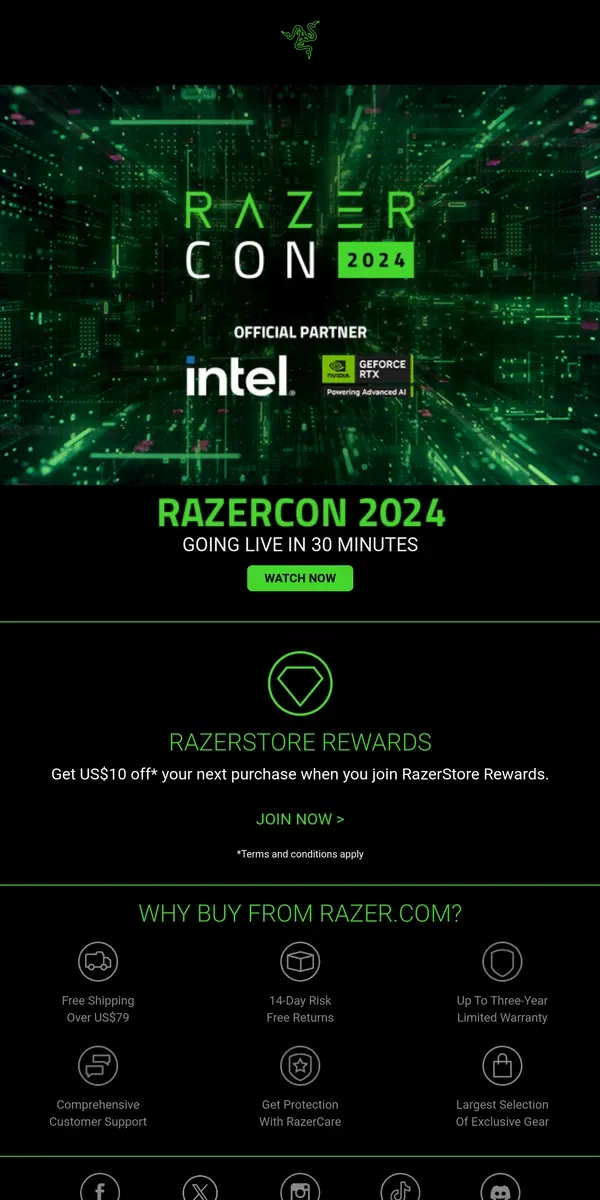 Email from Razer. ⌛RazerCon 2024 is going LIVE in 30 minutes!